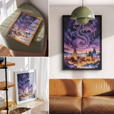 Decorative poster featuring a fantasy dragon castle in a starry space sky