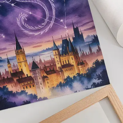 Decorative poster featuring a fantasy dragon castle in a starry space sky