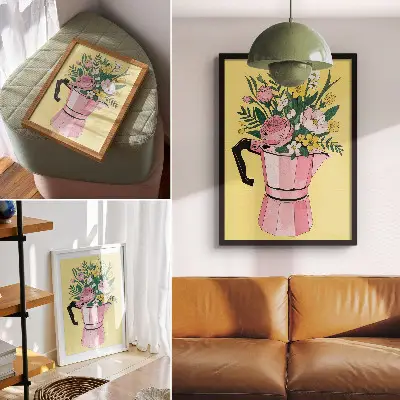 Modern illustration with a pink coffee pot