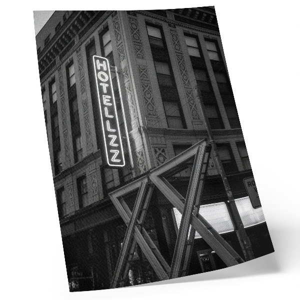 Premium wall art Black and white architecture with neon hotel lights