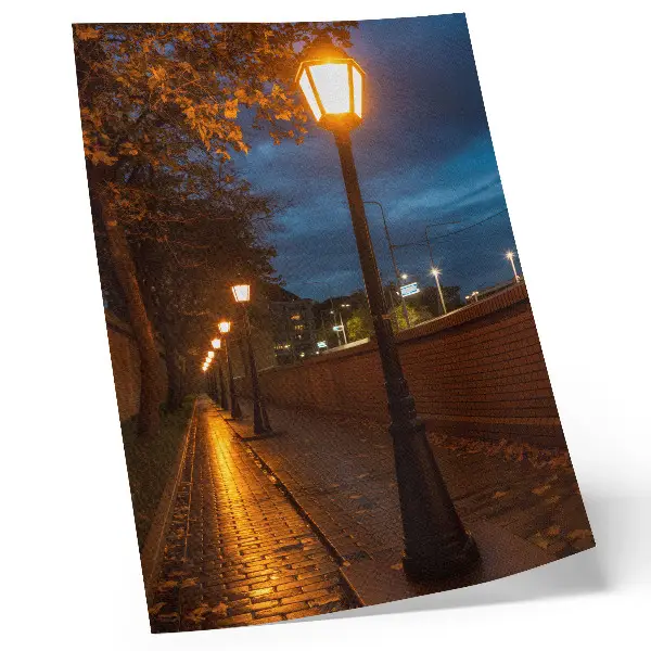 Decorative poster night alley with warm glowing lamps and peaceful atmosphere