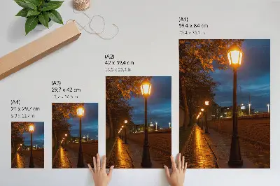 Decorative poster night alley with warm glowing lamps and peaceful atmosphere