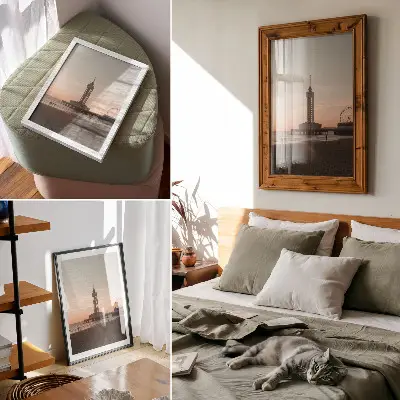Art print beach tower with a pastel sky and circular view