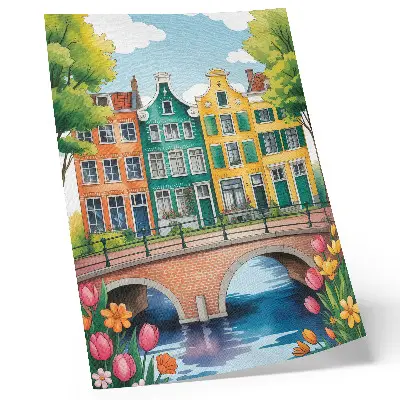 Decorative poster colorful tenement houses by the canal in illustrative style