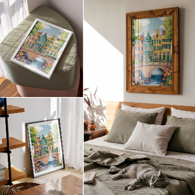 Decorative poster Colorful tenement houses by the canal, illustrative style
