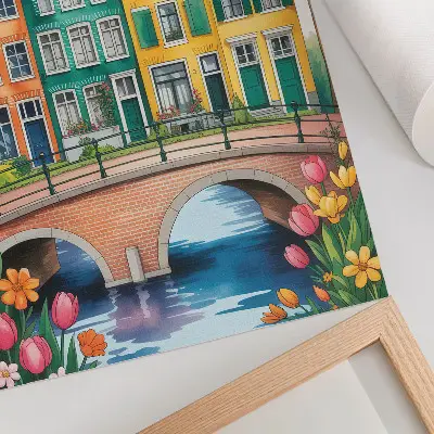 Decorative poster colorful tenement houses by the canal in illustrative style