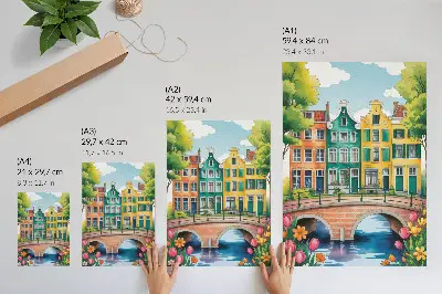 Decorative poster colorful tenement houses by the canal in illustrative style