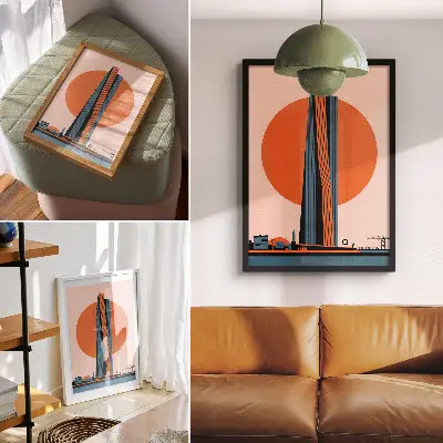 Poster skyscraper against a circular background in a minimalist contrast style