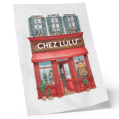 Art print with architectural cafe and plants in pastel colors