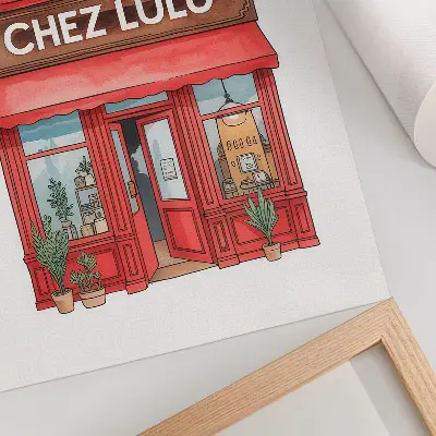 Art print with architectural cafe and plants in pastel colors