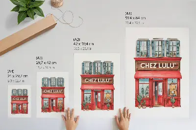 Art print with architectural cafe and plants in pastel colors