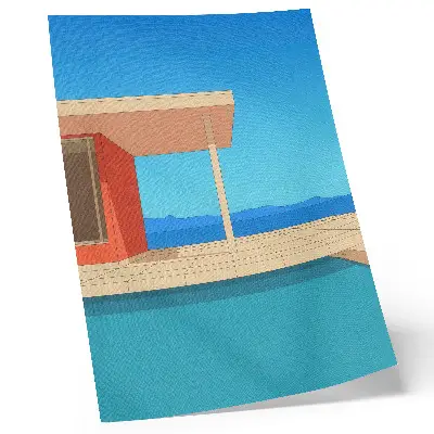Decorative poster bright orange building with a blue view