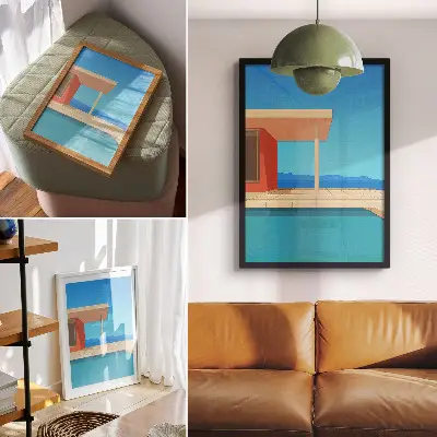 Decorative poster bright orange building with a blue view