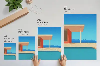 Decorative poster bright orange building with a blue view