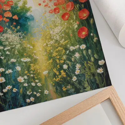 Poster red flowers with green accents and a three-dimensional background