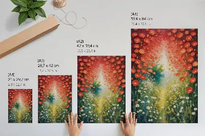 Poster red flowers with green accents and a three-dimensional background