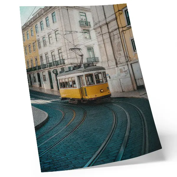 Art print a yellow tram on a street corner in the city