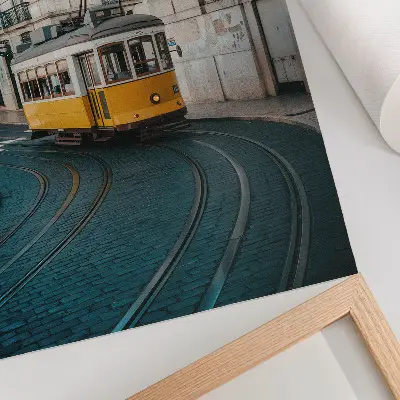 Art print a yellow tram on a street corner in the city