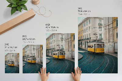 Art print A yellow tram on a bend in a city street
