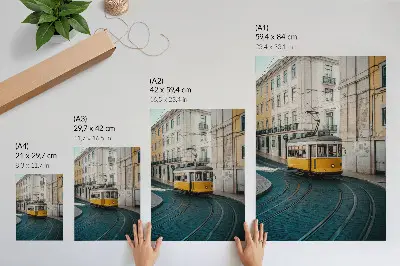 Art print a yellow tram on a street corner in the city