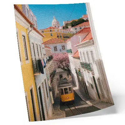 Poster a street with a tram, pastel tenement houses, and flowers