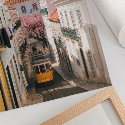 Poster A street with a tram, pastel tenement houses, flowers