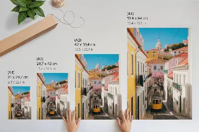 Poster a street with a tram, pastel tenement houses, and flowers