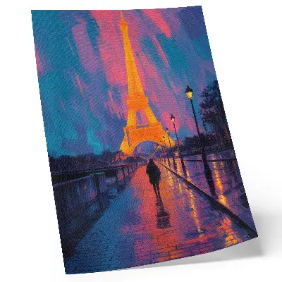 Art print evening in the city with neon lights, rain, and modernity