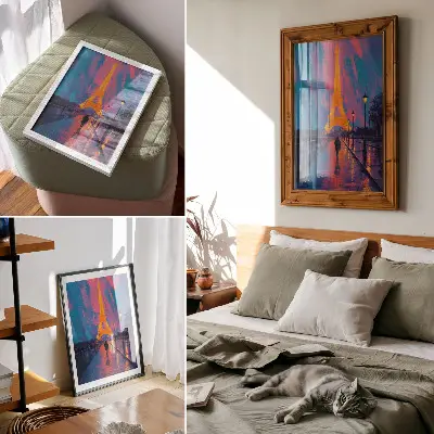 Art print evening in the city with neon lights, rain, and modernity