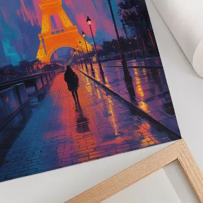 Art print evening in the city with neon lights, rain, and modernity
