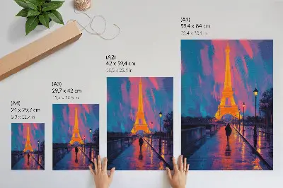 Art print evening in the city with neon lights, rain, and modernity