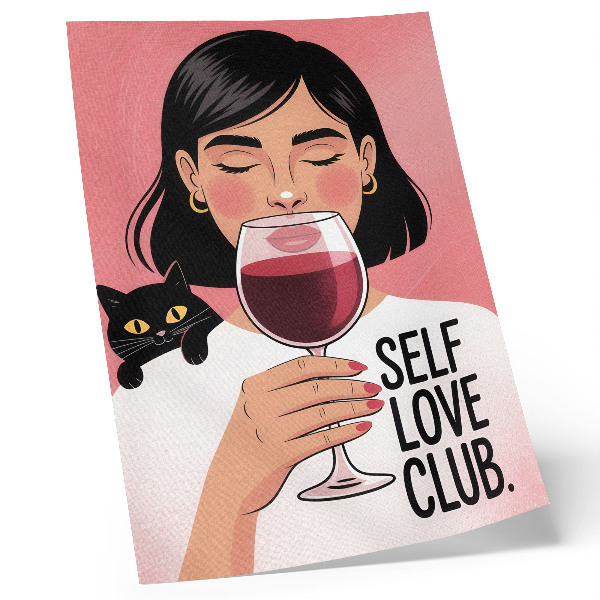 Decorative poster Woman with wine and cat in illustration style