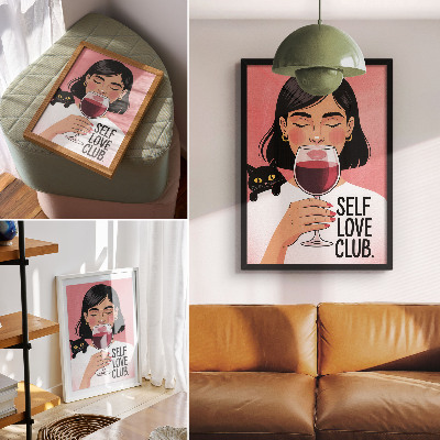 Decorative poster Woman with wine and cat in illustration style