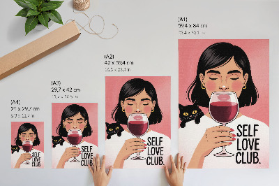 Decorative poster Woman with wine and cat in illustration style