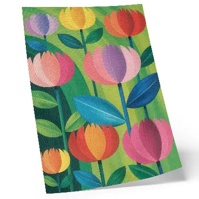 Poster colorful geometric flowers and leaves on a green background