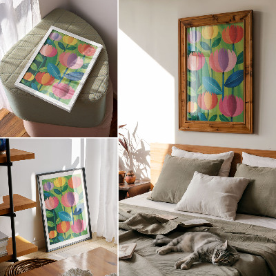 Poster Colorful geometric flowers leaves green background