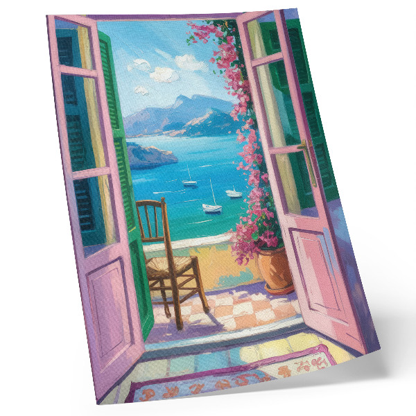 Premium wall art Open door bright flowers sea blue sailboats