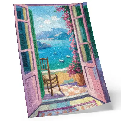 Premium wall art open door with bright flowers and a scenic sea view with sailboats