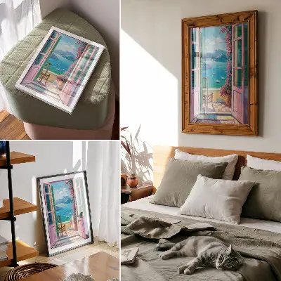 Premium wall art open door with bright flowers and a scenic sea view with sailboats