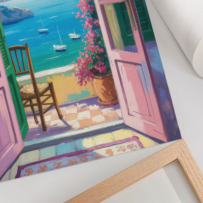 Premium wall art Open door bright flowers sea blue sailboats