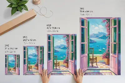 Premium wall art open door with bright flowers and a scenic sea view with sailboats
