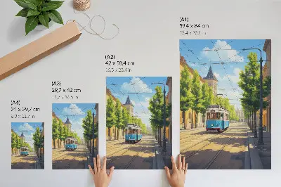 Art print sunny street tram in green and blue