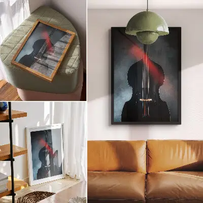 Art print with red accents on a dark background