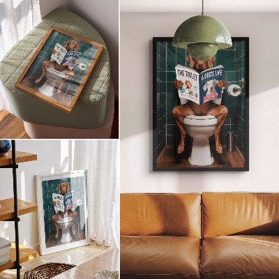 Decorative poster Dog on toilet with green tile magazine
