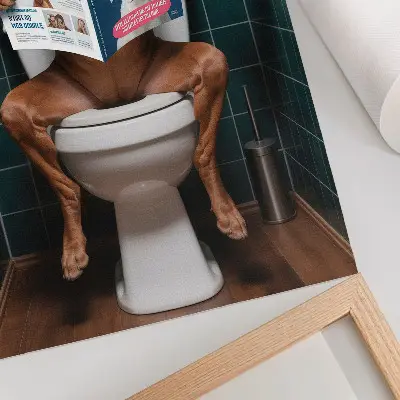 Decorative poster dog on a toilet with a magazine and green tiles