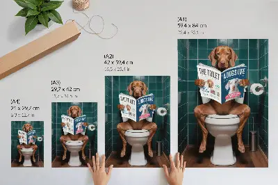 Decorative poster dog on a toilet with a magazine and green tiles