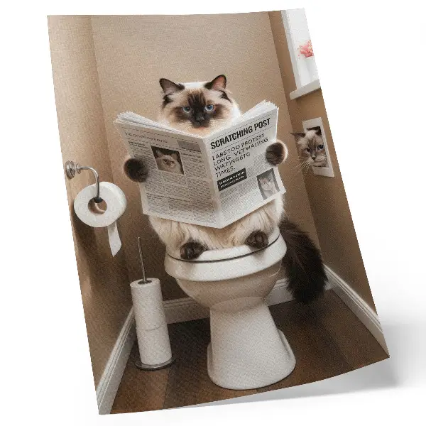 Cat with newspaper poster beige wall art with humor and warmth