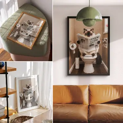 Cat with newspaper poster beige wall art with humor and warmth