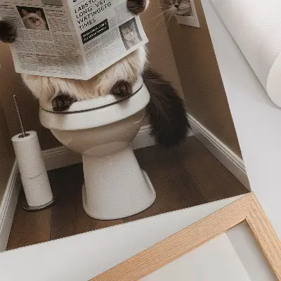 Cat with newspaper poster beige wall art with humor and warmth