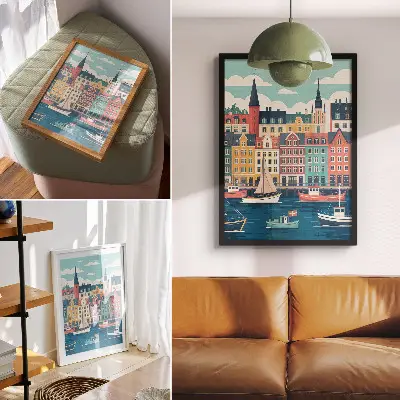 Art print colorful tenement houses by the water with charm and harmony